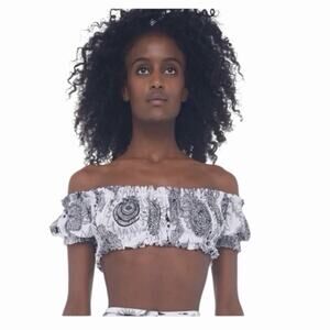 Norma Kamali Jose Top Off Shoulder Floral Crop Top XXS NWT Black White Odonata